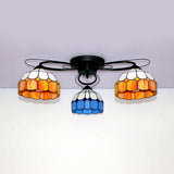 Victorian Stained Glass Ceiling Fixture - Dome Shape Black Flush Mount With 3 Lights