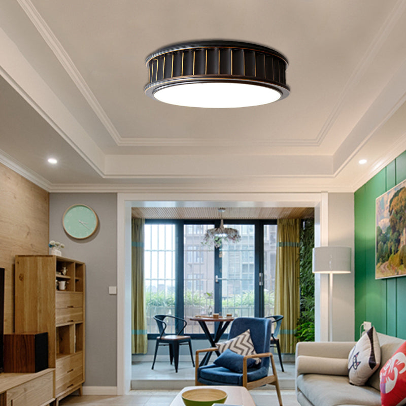 Black Ribbed Round Flush Lamp - Minimalist Iron Surface Mounted Led Ceiling Light With Warm