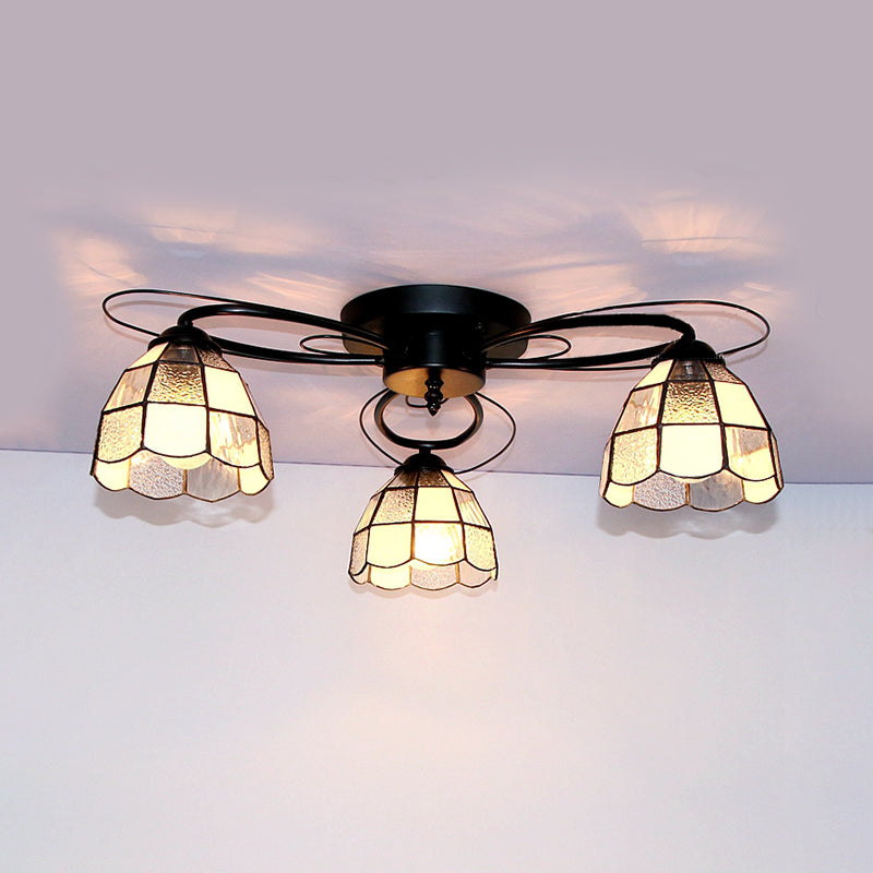 Victorian Stained Glass Ceiling Fixture - Dome Shape Black Flush Mount With 3 Lights / Square