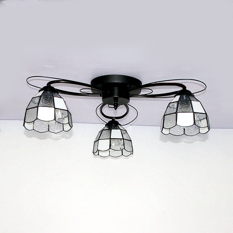 Victorian Stained Glass Ceiling Fixture - Dome Shape Black Flush Mount With 3 Lights