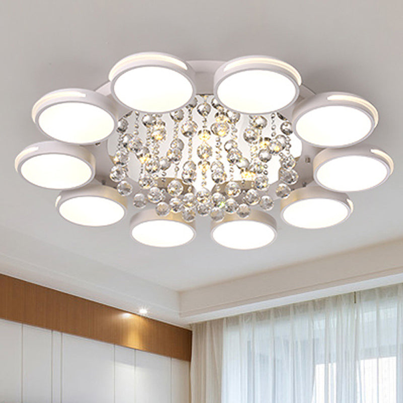 Contemporary White Round Crystal Led Ceiling Light - Flush Mount With Warm/White/3 Color Lighting /