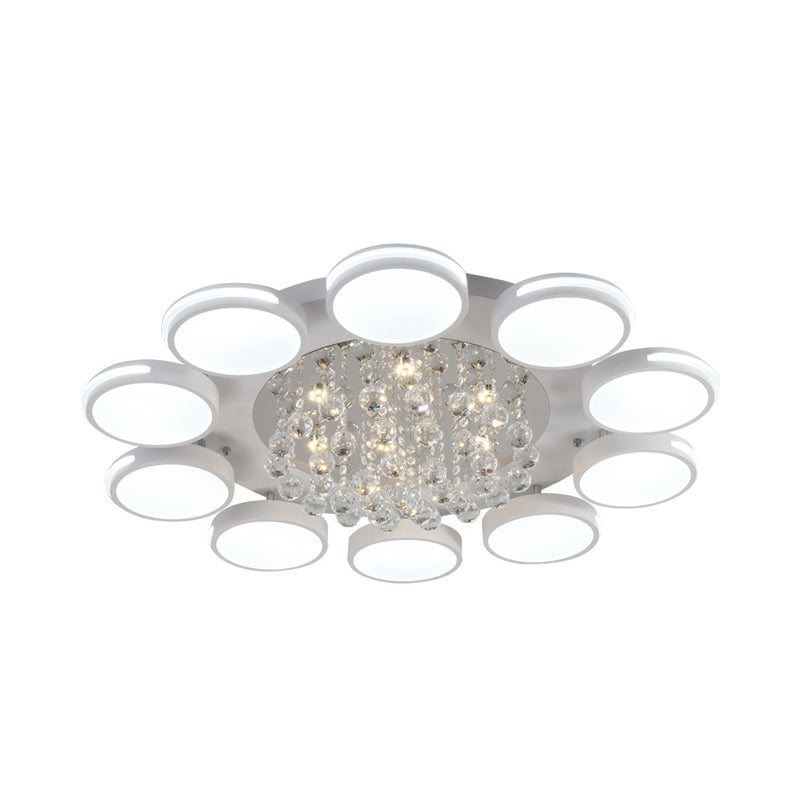 Contemporary White Round Crystal Led Ceiling Light - Flush Mount With Warm/White/3 Color Lighting