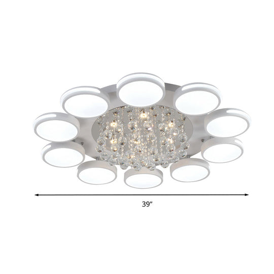 Contemporary White Round Crystal Led Ceiling Light - Flush Mount With Warm/White/3 Color Lighting