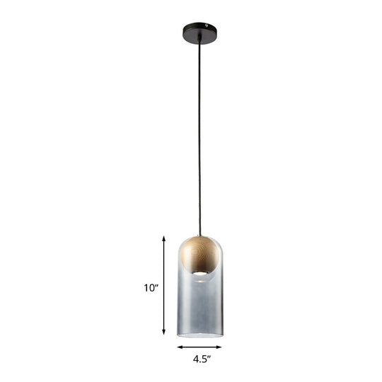 Modern Smoke Gray Glass Cylinder Pendant Light Fixture With Globe Wood Shade - Perfect For Dining