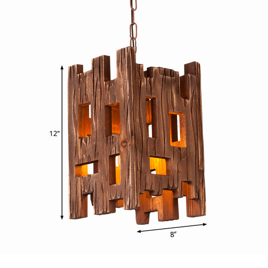 Country Style Wooden Pendant Lamp With Adjustable Chain - Brown Rectangular Design 1 Bulb Hanging