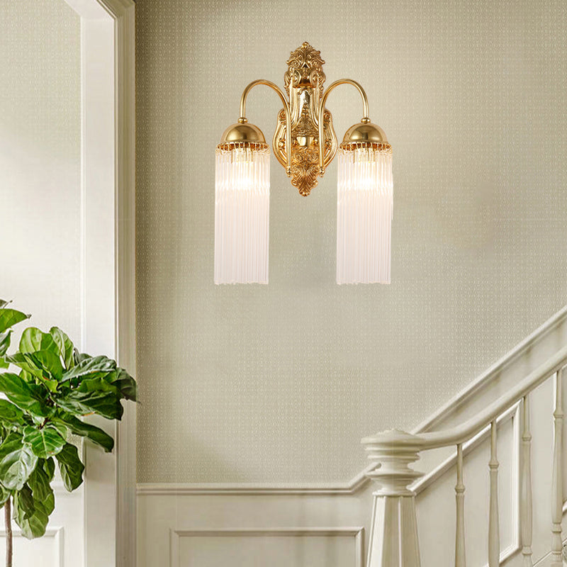 Modern Gold Wall Sconce Lamp With Clear Crystal & Metal Gooseneck Arm - Tubular Corridor Lighting