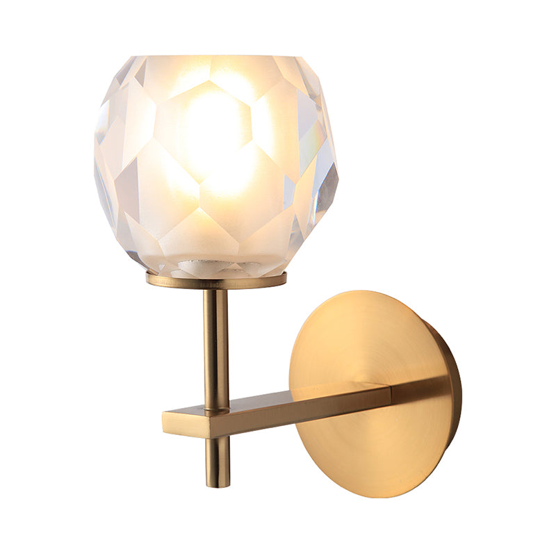 Modern Stylish Clear Glass Wall Lamp With Faceted Globe Shade - Golden Mounted Light For Hallway