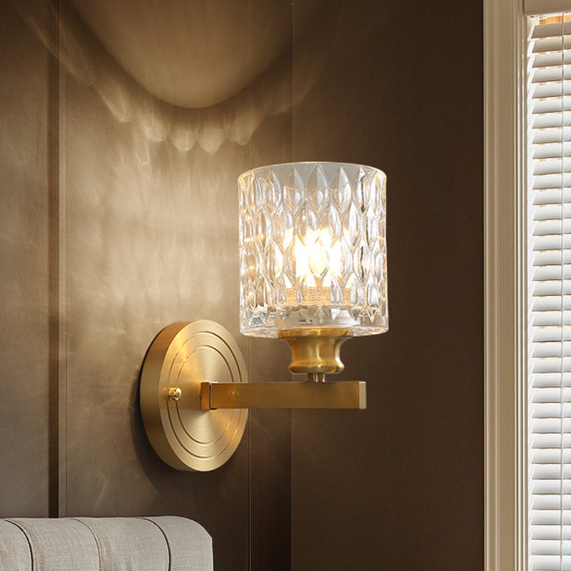 Contemporary Cylindrical Wall Light: Stylish Clear Dimpled Glass Design Golden Sconce For Bedroom