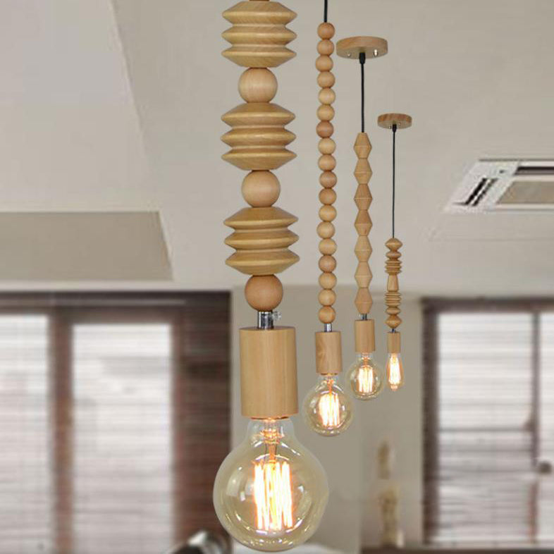 Spherical Bead Wood Hanging Lamp - Lodge Style Bedside Pendant Light With Bare Bulb 12.5’/14’ Height