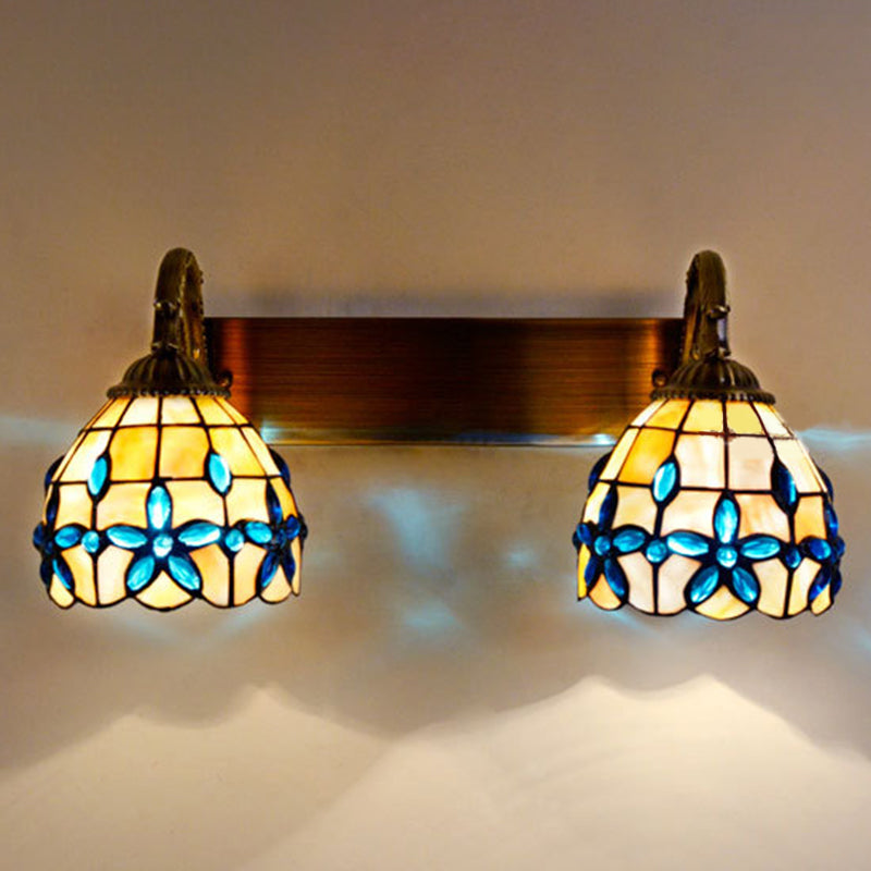 Tiffany Vanity Wall Sconce - Aged Brass With Natural Shell Shade And Mirror Lights