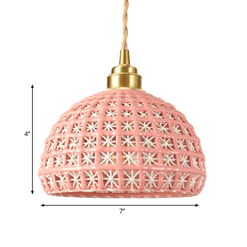 Vintage Ceramic Dome Suspension Lamp With Hollow Out Design Blue/Pink 1-Light Hanging Fixture
