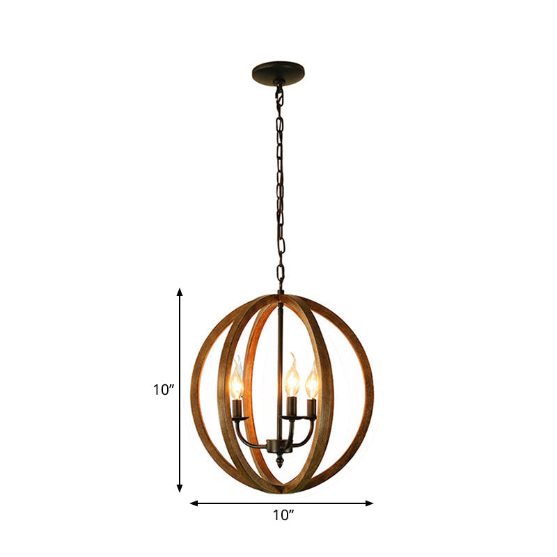 Industrial 3-Light Wooden Sphere Chandelier Pendant For Dining Room In Brown
