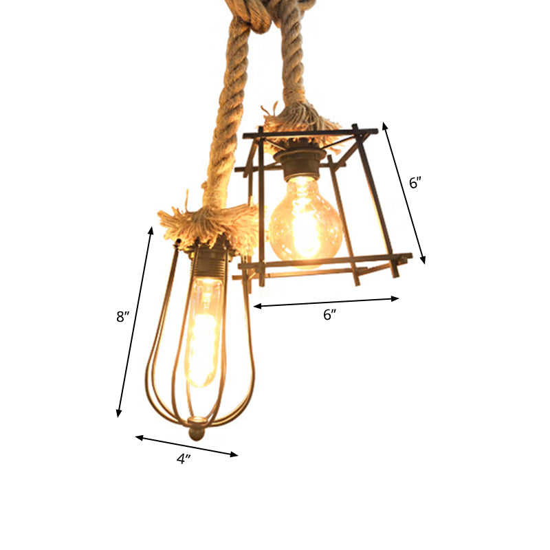 Lodge Style Black Caged Ceiling Fixture With Metal And Rope Hangings - 2 Lights Unique Shade For