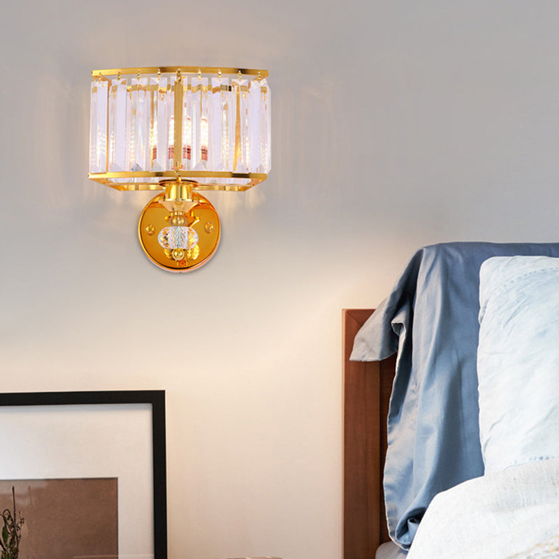 Golden Metal Wall Sconce Light With Clear Crystal Accents - Modern 1 Head Design