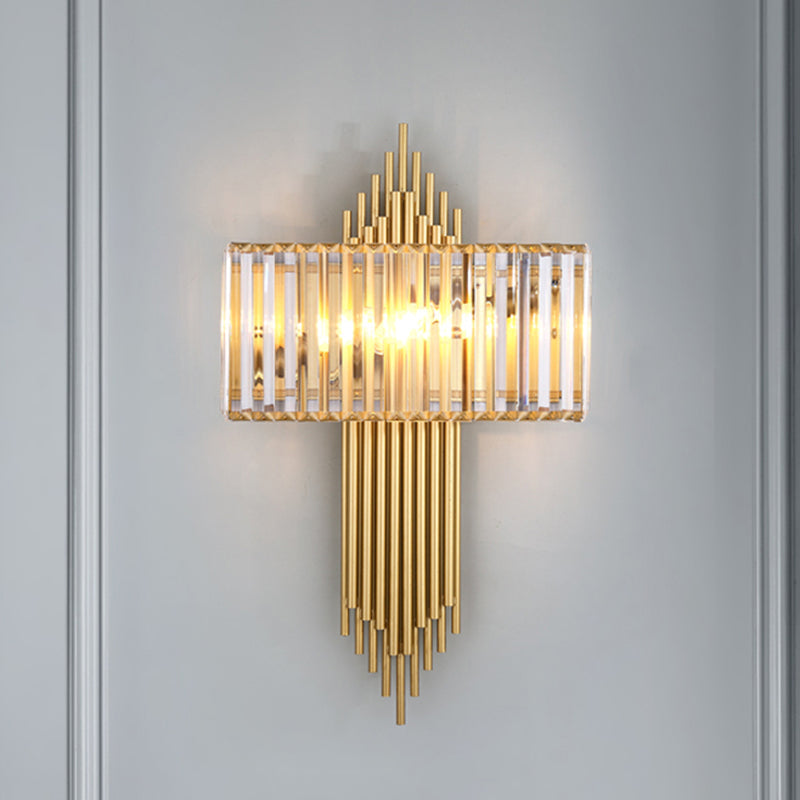 Modern Clear Crystal Wall Sconce With 2 Golden Lights For Bedside - 14.5/16.5 W Rectangular Lighting