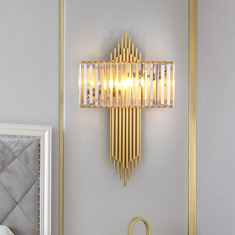 Modern Clear Crystal Wall Sconce With 2 Golden Lights For Bedside - 14.5/16.5 W Rectangular Lighting