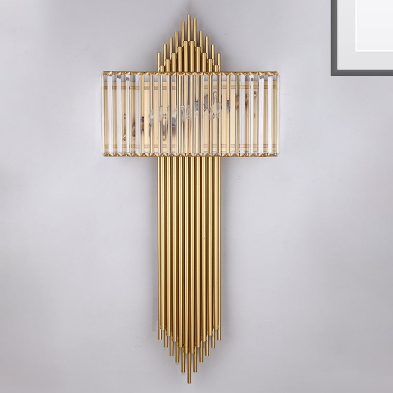 Modern Clear Crystal Wall Sconce With 2 Golden Lights For Bedside - 14.5/16.5 W Rectangular Lighting