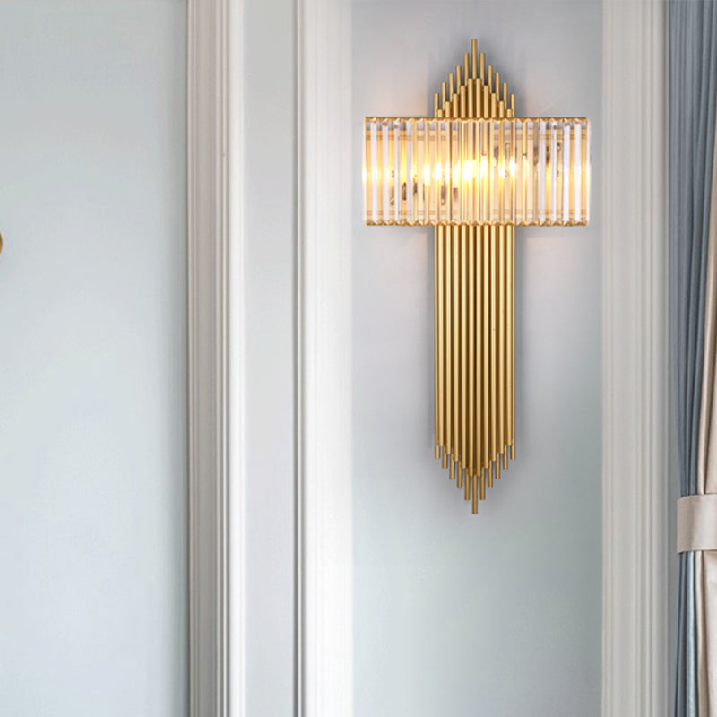 Modern Clear Crystal Wall Sconce With 2 Golden Lights For Bedside - 14.5/16.5 W Rectangular Lighting