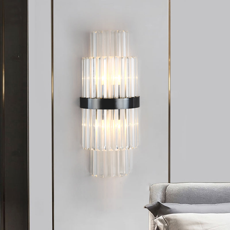 Modern Prism Crystal Wall Mount Lamp With 2 Tiers Bulbs And Black Half-Cylinder Shade