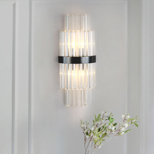 Modern Prism Crystal Wall Mount Lamp With 2 Tiers Bulbs And Black Half-Cylinder Shade