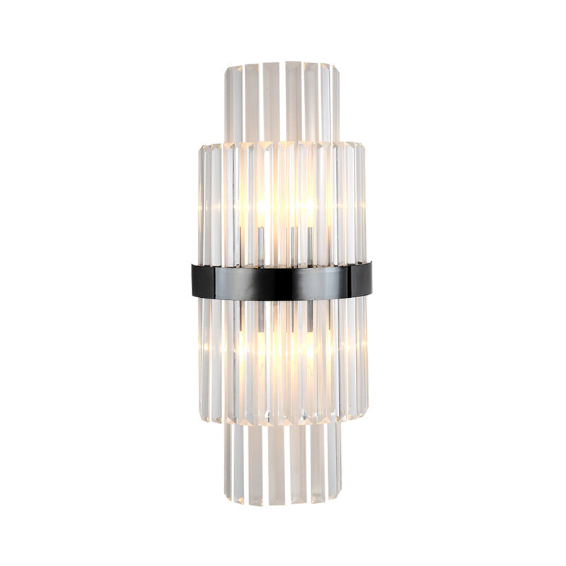 Modern Prism Crystal Wall Mount Lamp With 2 Tiers Bulbs And Black Half-Cylinder Shade