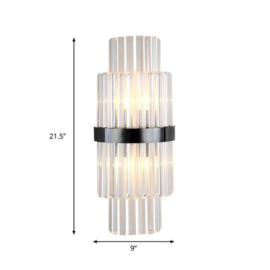 Modern Prism Crystal Wall Mount Lamp With 2 Tiers Bulbs And Black Half-Cylinder Shade