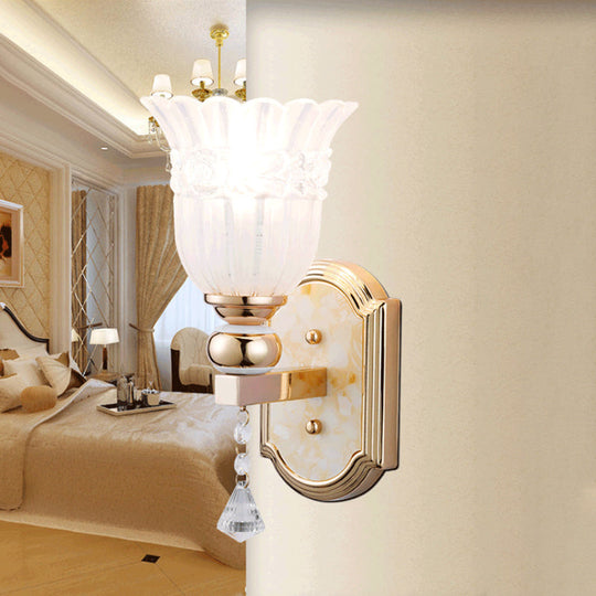 Country Style Frosted Glass Floral Wall Sconce Lamp - Gold Finish Lighting Fixture For Corridor