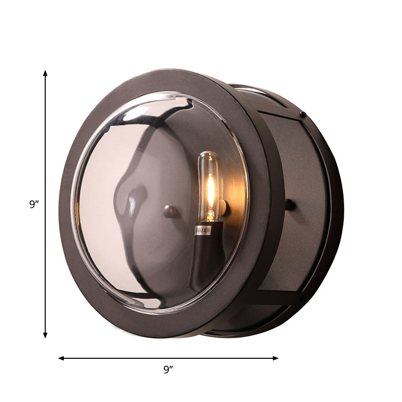 Modern Black Round Wall Sconce With Clear Crystal Accent - Stylish Metal 1 Bulb Light For Hallway
