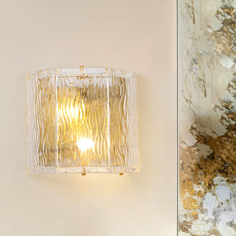 Modern Clear Ripple Glass Wall Sconce With 2 Lights - Gold Finish