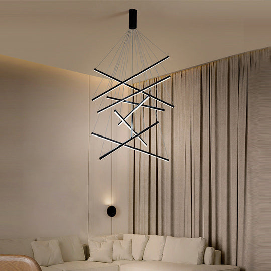 Minimalist Black Led Chandelier: Stylish Metal Suspension Lamp For Lobby