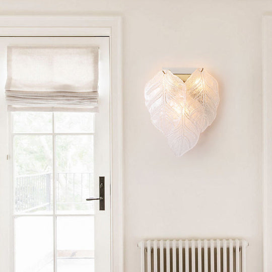 Frosted Glass Leaf-Shaped Wall Sconce Light With 3 Bulbs - Modern White Hallway Fixture