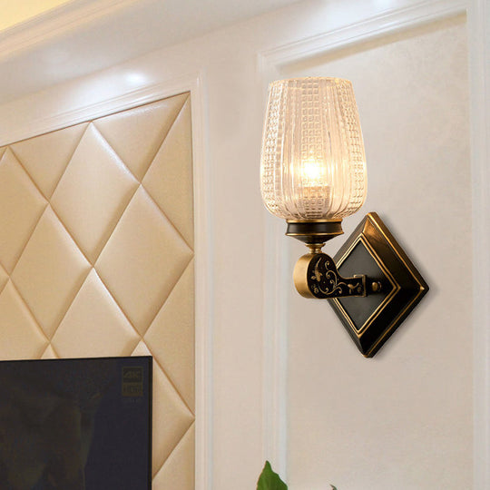 Contemporary Wall Mounted Light With Clear Textured Glass - Brass Finish