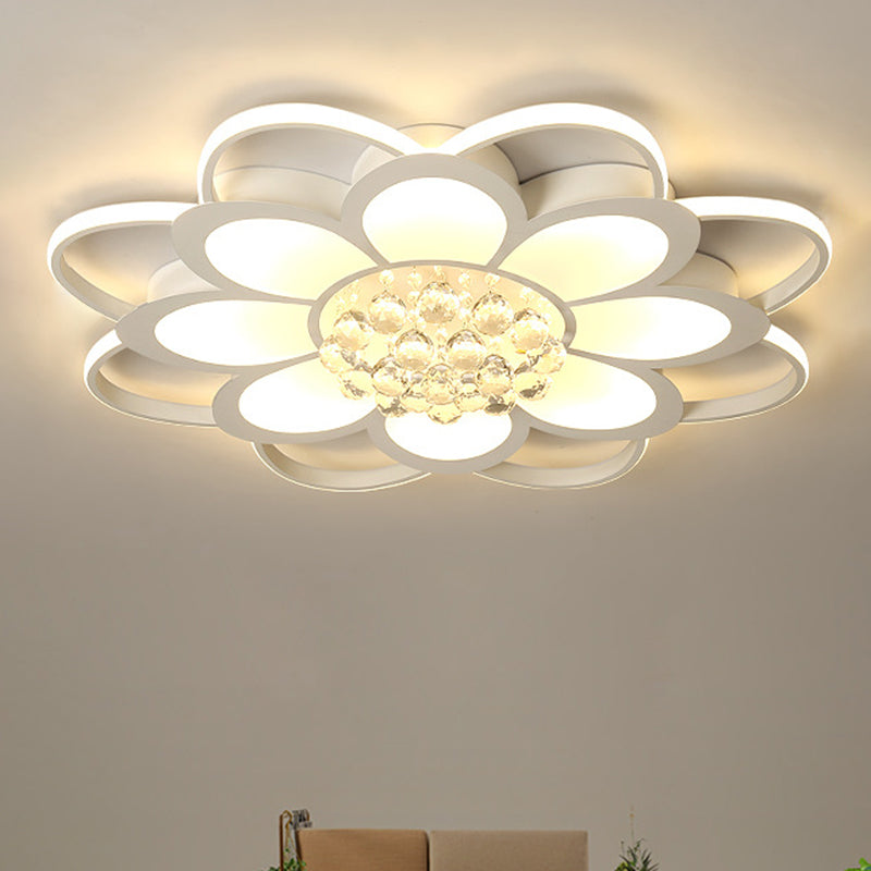 Warm/White/3 Color Led Crystal Flush Light - Simple White Floral Living Room Mount Lamp Multiple