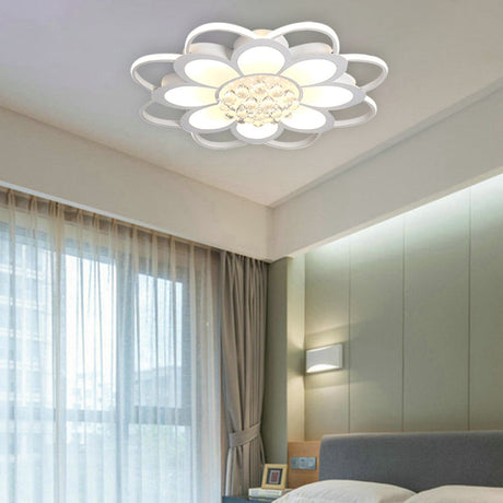 Warm/White/3 Color Led Crystal Flush Light - Simple White Floral Living Room Mount Lamp Multiple