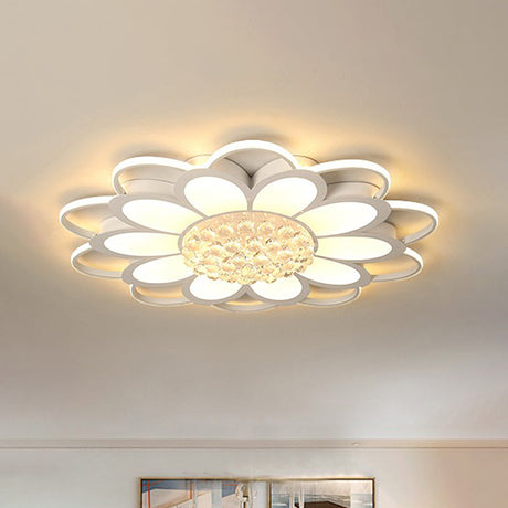 Warm/White/3 Color Led Crystal Flush Light - Simple White Floral Living Room Mount Lamp Multiple