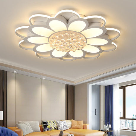 Warm/White/3 Color Led Crystal Flush Light - Simple White Floral Living Room Mount Lamp Multiple