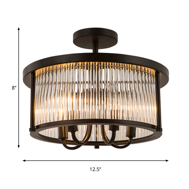 Contemporary Crystal Round Flushmount - 4 - Light Black Semi Flush Lamp For Living Room