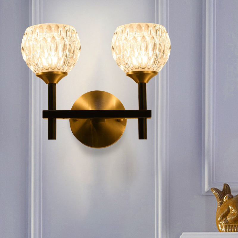 Modern Black And Gold Wall Light With Clear Dimpled Glass For Living Room