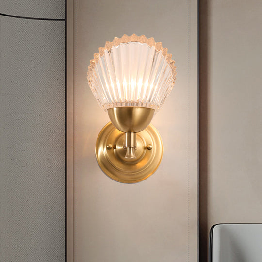 Gold Finish Shell-Shape Bedside Wall Mount Light With Frosted Glass - Contemporary Style Lamp