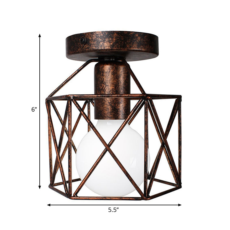 Antique Bronze Wire Cage Semi Flush Light With Hexagon Shade