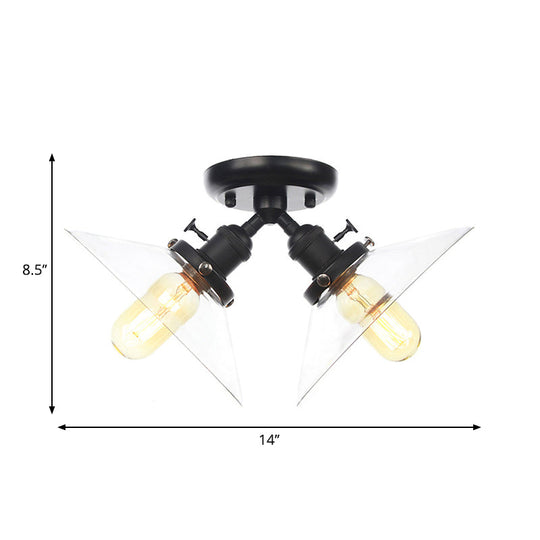 Industrial Style Clear Glass Semi Flush Mount Ceiling Light With 2 Lights For Conical Restaurants