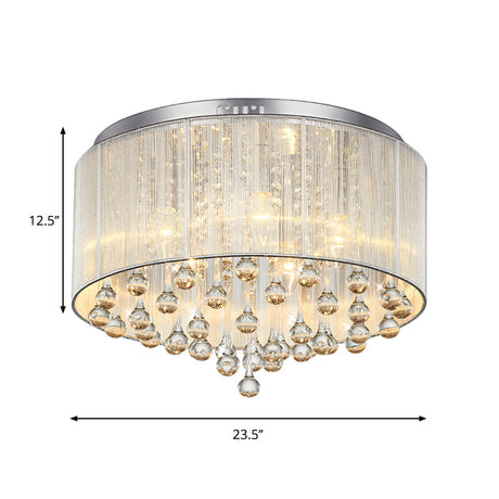 Contemporary Silver Flush Mount Drum Light With 6-Light Crystal Fixture For Bedrooms
