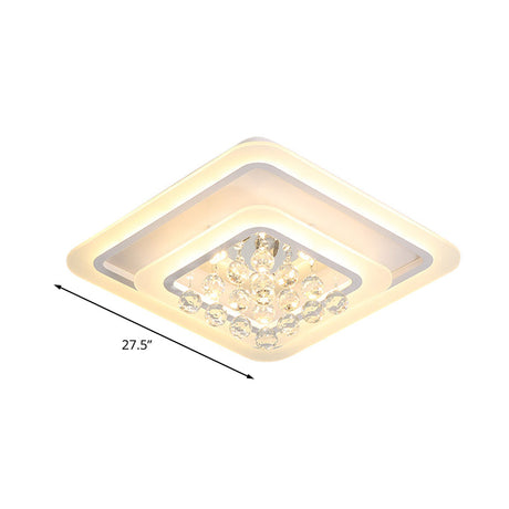 Square Crystal Led Flush Ceiling Light - 19.5’/23.5’/27.5’ Sizes Modern White Design