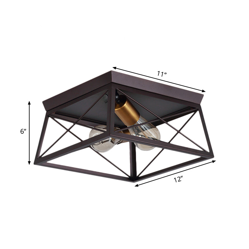 Industrial Style Metal Flush Ceiling Light Fixture - 10’/12’ Wide 2 Bulbs Coffee Tone Ideal For