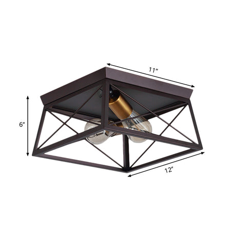Industrial Style Metal Flush Ceiling Light Fixture - 10/12 Wide 2 Bulbs Coffee Tone Ideal For