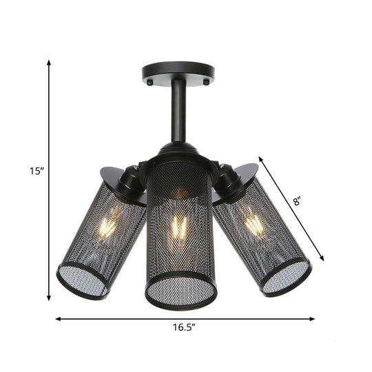 Industrial Metal Cylinder/Lantern Ceiling Light Fixture - 3 Heads Black