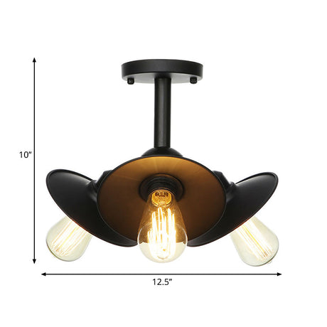 Vintage Indoor Ceiling Light - Black Flush Mount With Metallic Cone/Saucer Shade