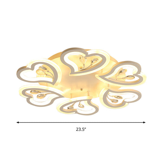 White Heart Shape Led Acrylic Ceiling Lamp - Modern Semi Flush Light With Crystal Accent