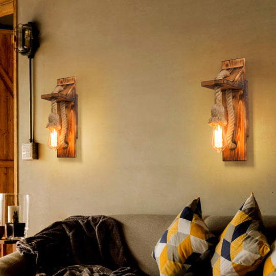 Rustic American Wooden Wall Sconce With Natural Rope Light For Restaurants & Coffee Shops
