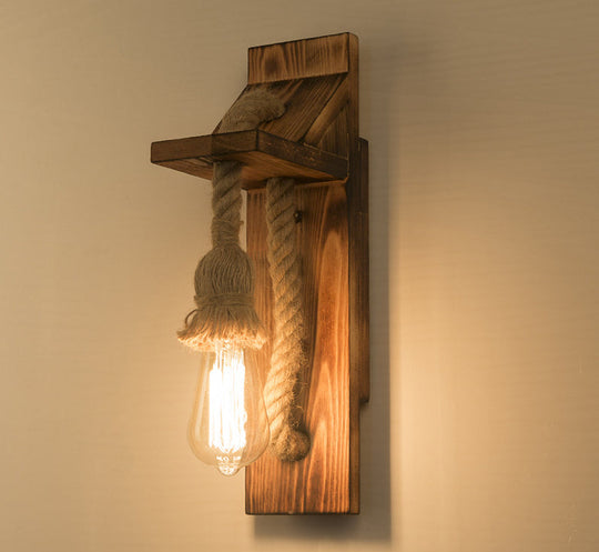 Rustic American Wooden Wall Sconce With Natural Rope Light For Restaurants & Coffee Shops